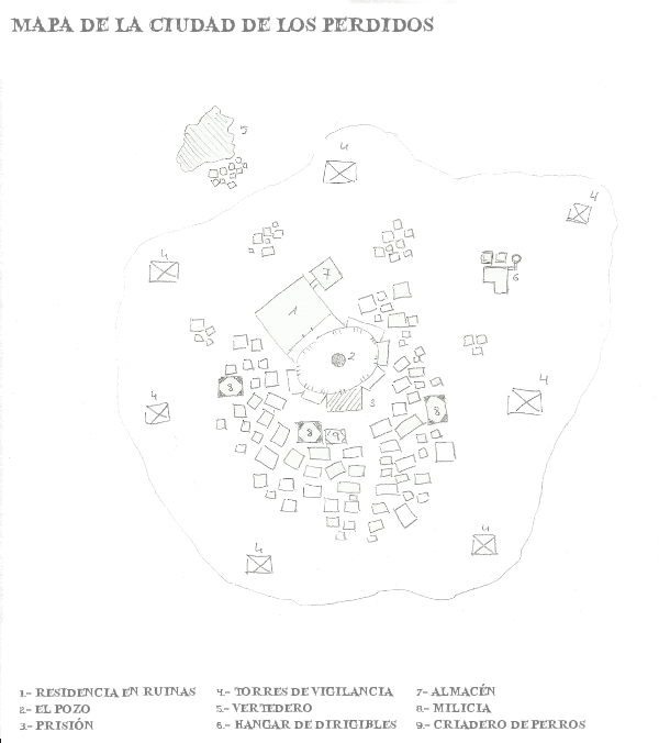 Mapa a lápiz de la Ciudad de los Perdidos vista desde arriba, como un un grupo de chozas y tiendas de campaña rodeadas por torres de vigilancia y un anfiteatro en el centro.