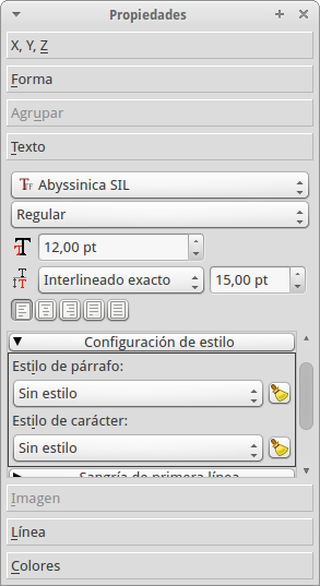 Ventana Propiedades de la interfaz de Scribus
