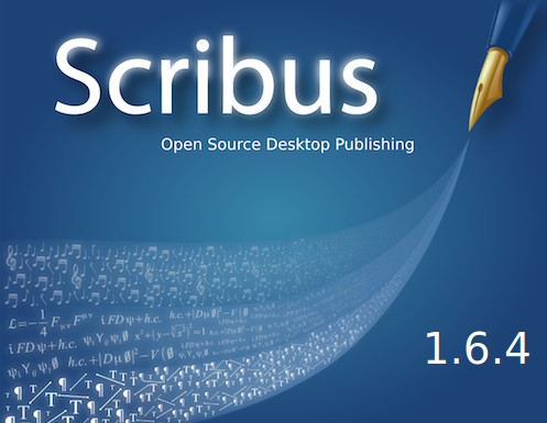 Caja azul con el logotipo de Scribus, una pluma dibujando una onda de letras, y el número de versión 1.6.4